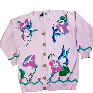 Vtg Storybook Knits  Women’s Large Cardigan Hummingbirds Flowers Cottagecore 90s